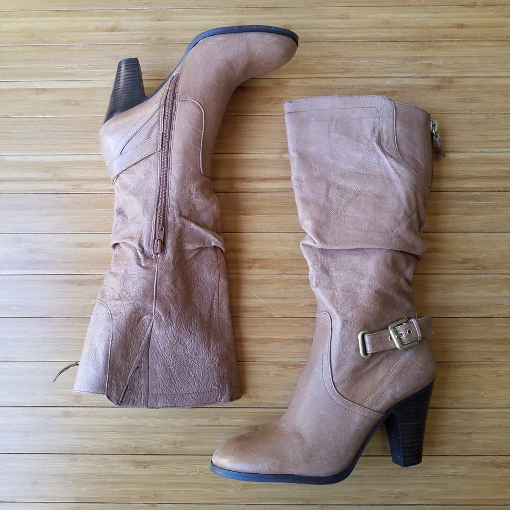 Guess Tan Ruched Leather Stacked Wood Heel Boots boho